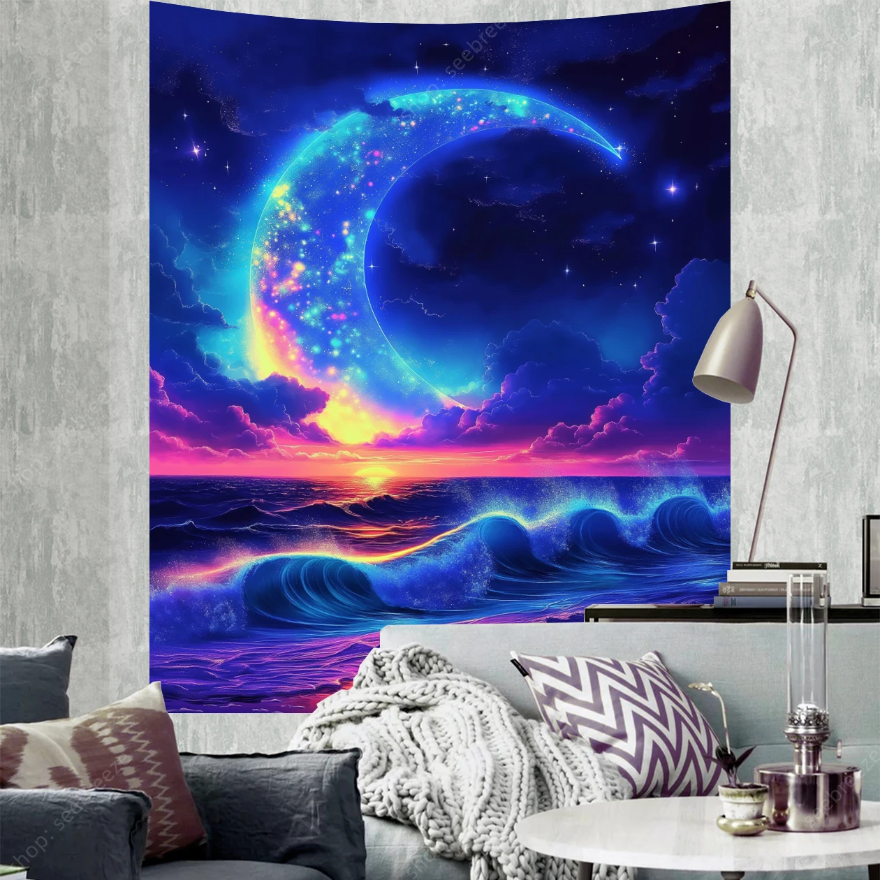 Bright Moon on The Sea UV Reactive Tapestry Wall Hanging Aesthetic Room Decor Hippie Home Wall Decor Party Decor Gift for Friend