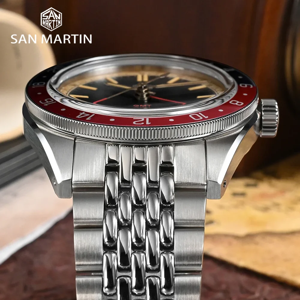 San Martin-Relógio Mecânico Automático Masculino, Moldura de Alumínio, Sapphire, Impermeável, Luxo, Novo, Original, NH34, GMT, 100m