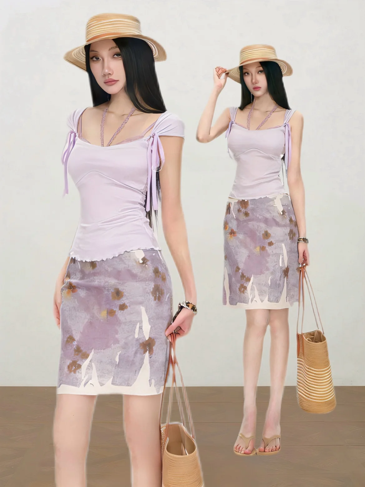 

Комплект Aileen: топ с узлом и прямая юбка с принтом, летний повседневный элегантный стиль, короткий рукав, V-образный вырез, две части