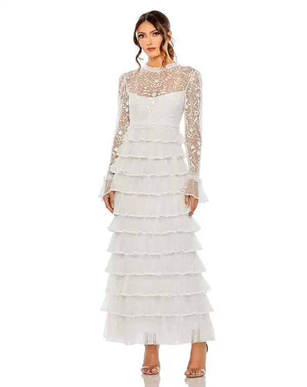 

Изысканные кружевные многоярусные плиссированные длинные платья трапециевидной формы с высоким воротником на заказ, платья для особых случаев, простые размеры, доступны подходящие