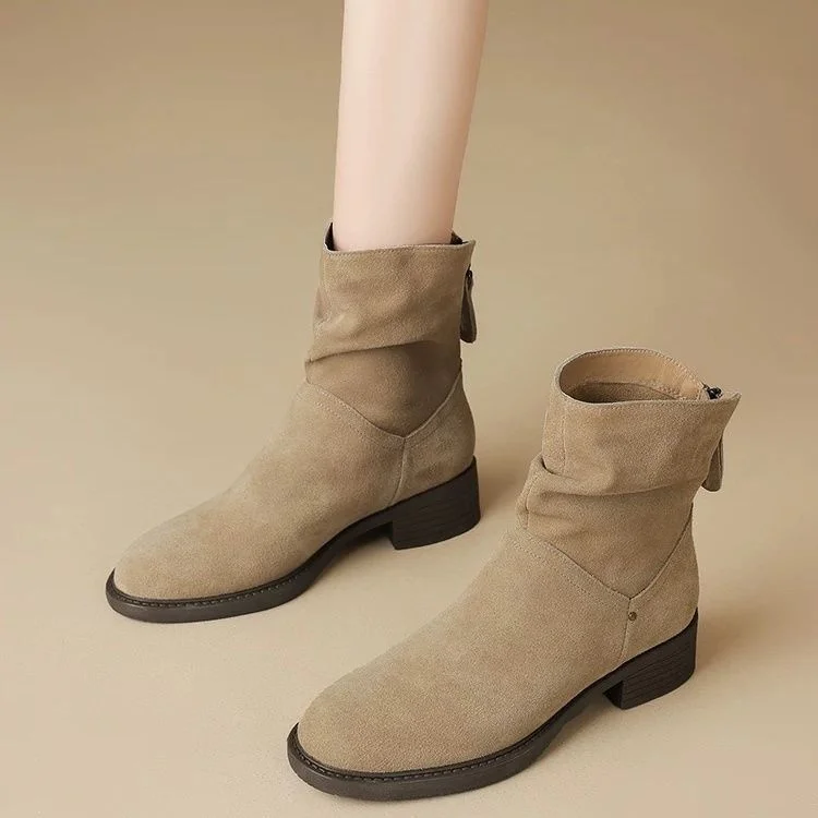 

Birkent Style Fleece Lined Boots Women's Adult Spring Autumn Soft Leather Shoes round Toe Rubber Sole Pure Color