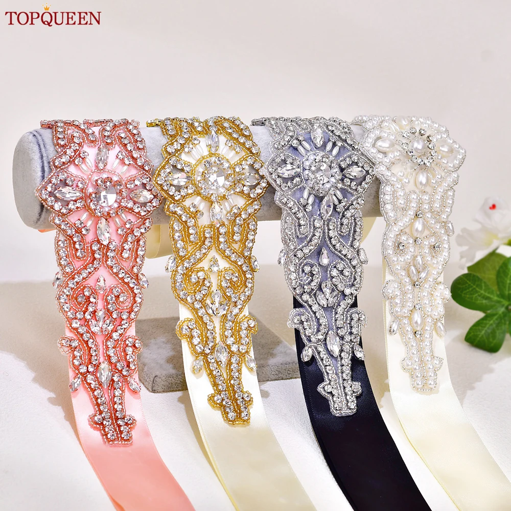 TOPQUEEN Bridal Belts Handmade Rhinestone Belts Crystal Wedding Belts Jewellery Appliques for Prom Dresses S26