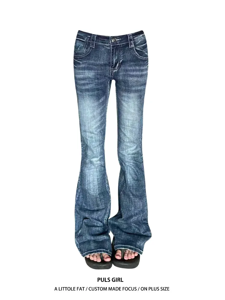 

Low Waist Slim Fit Bell Bottom Denim Jeans Women's Retro Washed Distressed American Style Casual Long Pants plus Size