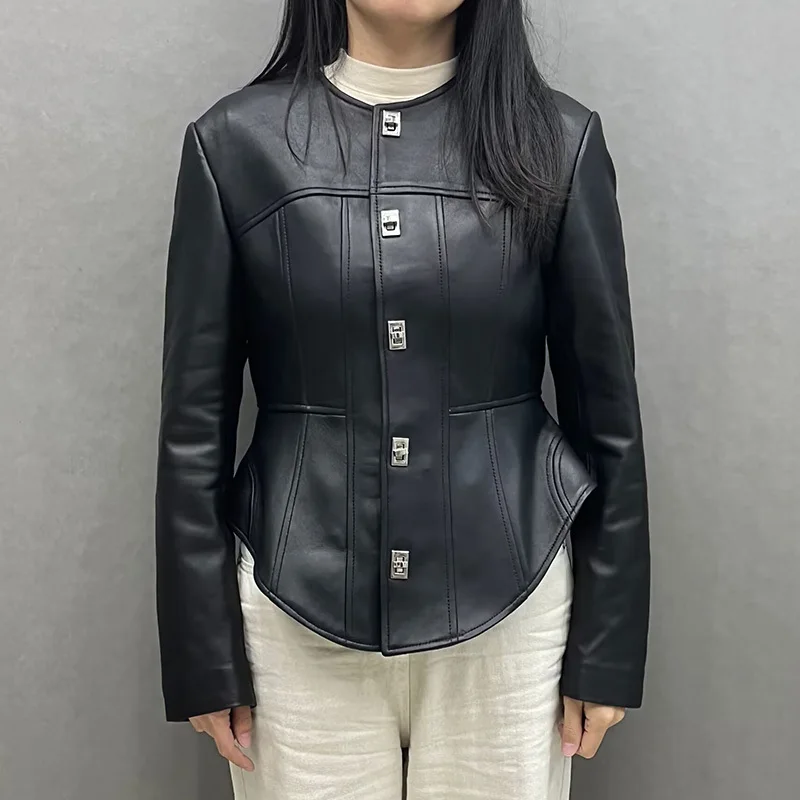 

New 2023 Women's Genuine Leather Jacket Fashion Basque Waist Real Leather Coat Streetwear Female Clothing GT5541