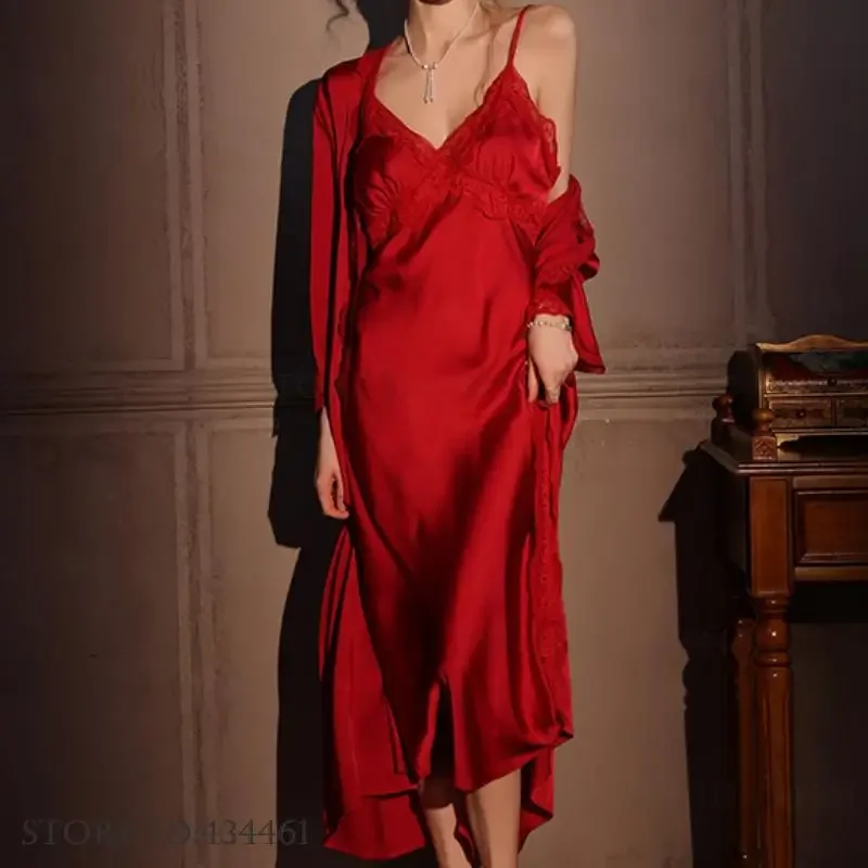 Femme longue Robe 2 pièces ensemble élégant chemise de nuit vêtements de nuit Satin soie pyjamas Robe pour dames mode Kimono Robe peignoir Homewear