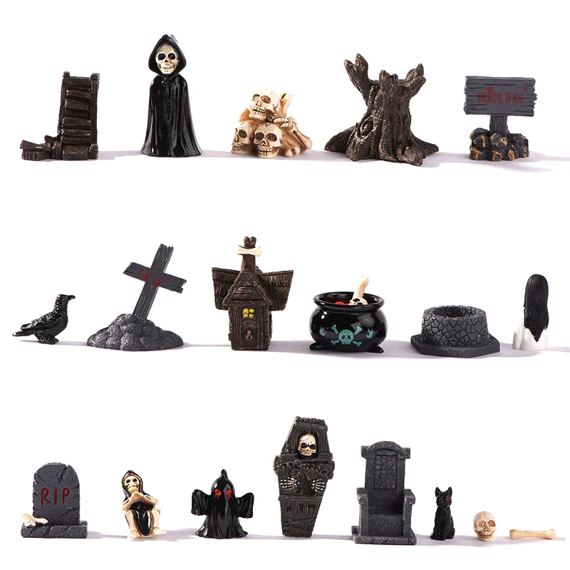 New Mini 3D Horror Halloween Raven Tombstone Skull Series Resin Hallowmas Doll House DIY Accessories