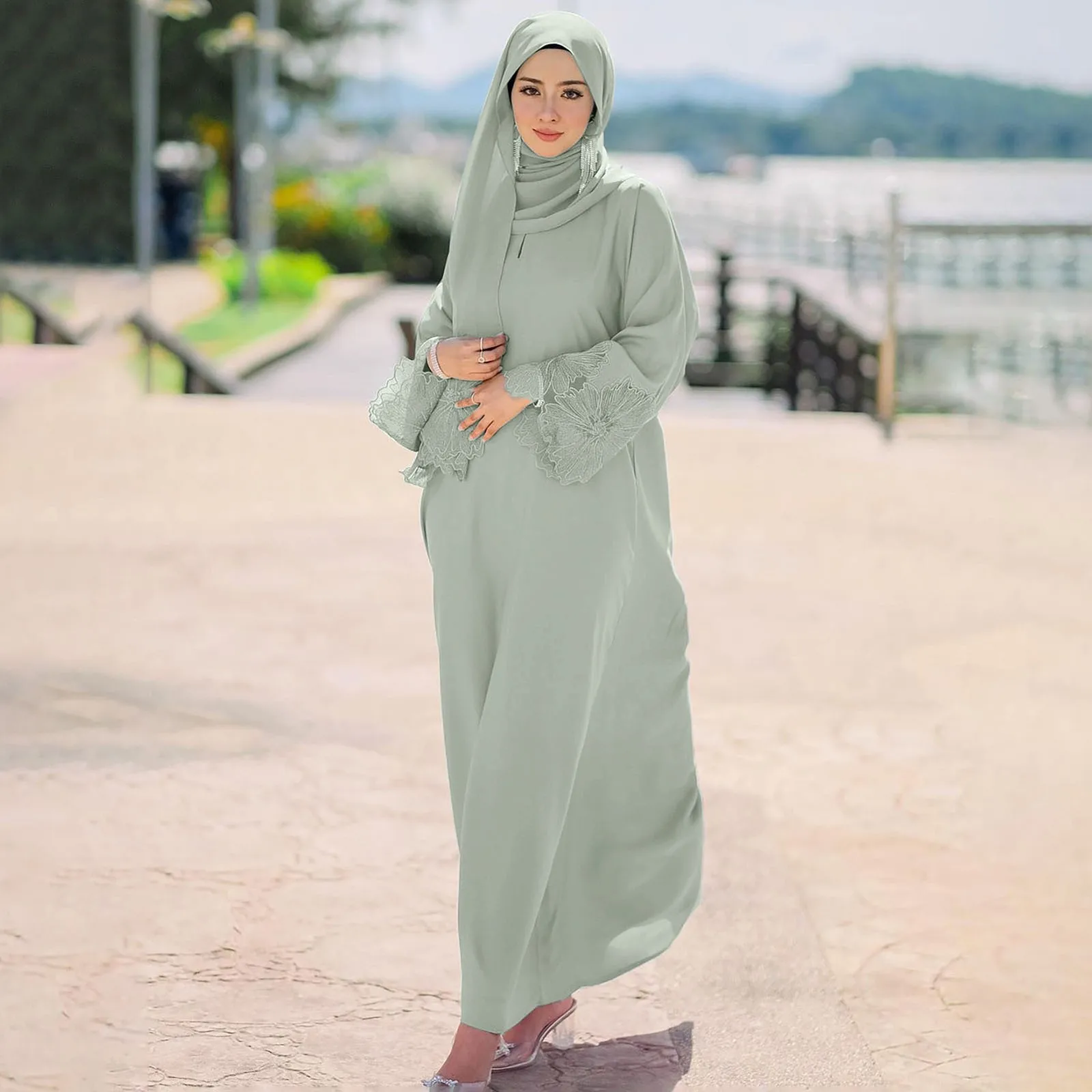 Women\'s Muslim Long Dress Lace Edge Solid Color Dress with Headscarf Chiffon Hijabs For Women Ramadan Eid Dubai Robe Femme