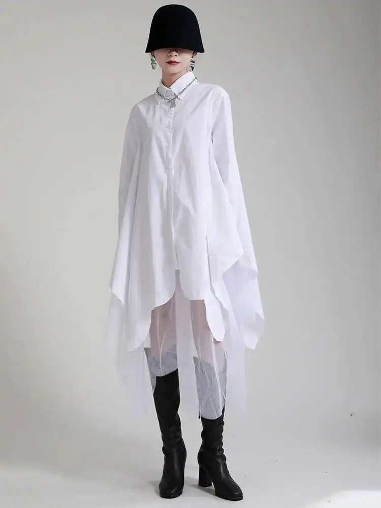 Women Black Irregular Hem Big Size Shirt Dress New Lapel Long Sleeve Loose Fit Fashion Tide Spring Autumn