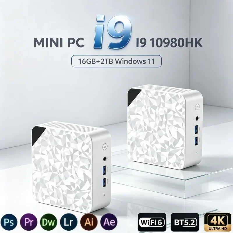 Low Noise Mini Desktop PC Intel I9-10980HK Win11 16GB RAM 2TB NVMe SSD WiFi 6 BT5.2 4K Play Home Office Light Computer
