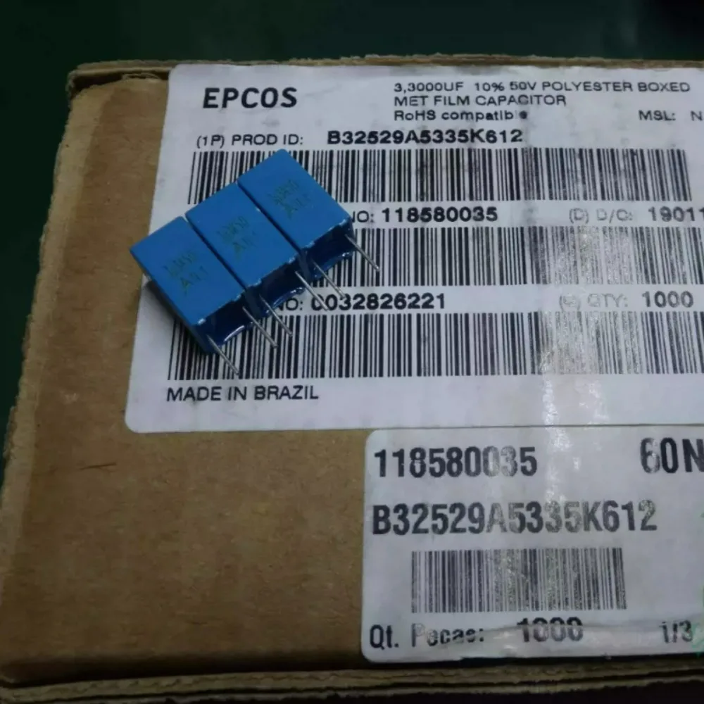 

5 шт./лот EPCOS 3.3 мкФ/50В 3u3 335, новый пленочный конденсатор 5 мм B32529A5335K