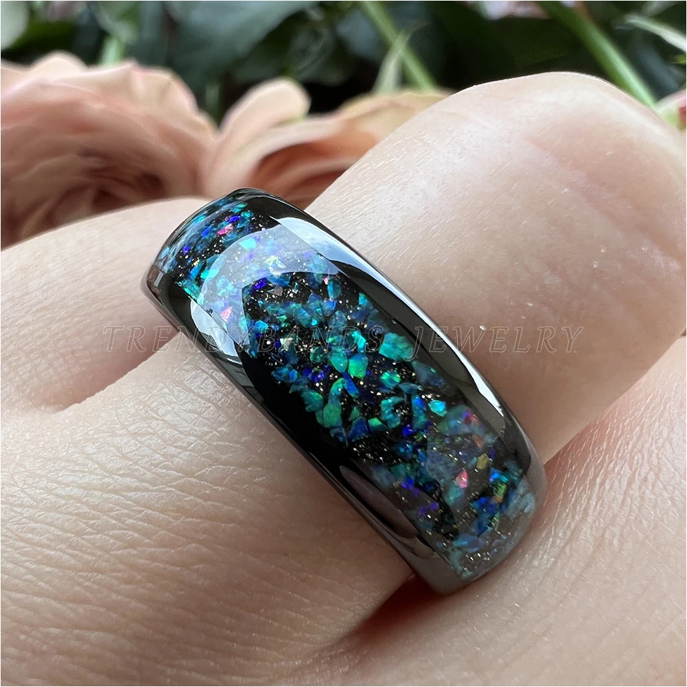 Black 8mm Tungsten Carbide Engagement Rings for Men Women Wedding Band Galaxy Opal Inlay Domed Polished Shiny Comfort Fit