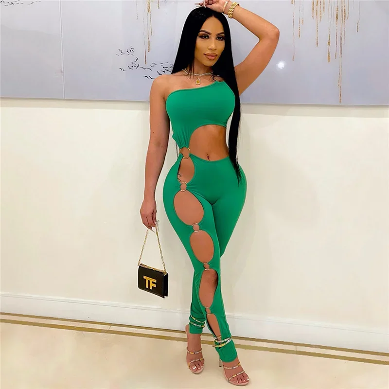 Sexy One Shoulder Bodycon Jumpsuit Women Sleeveless Solid Hollow Out One Pieces Romper Night Party Club Birthday Outfits Catsuit