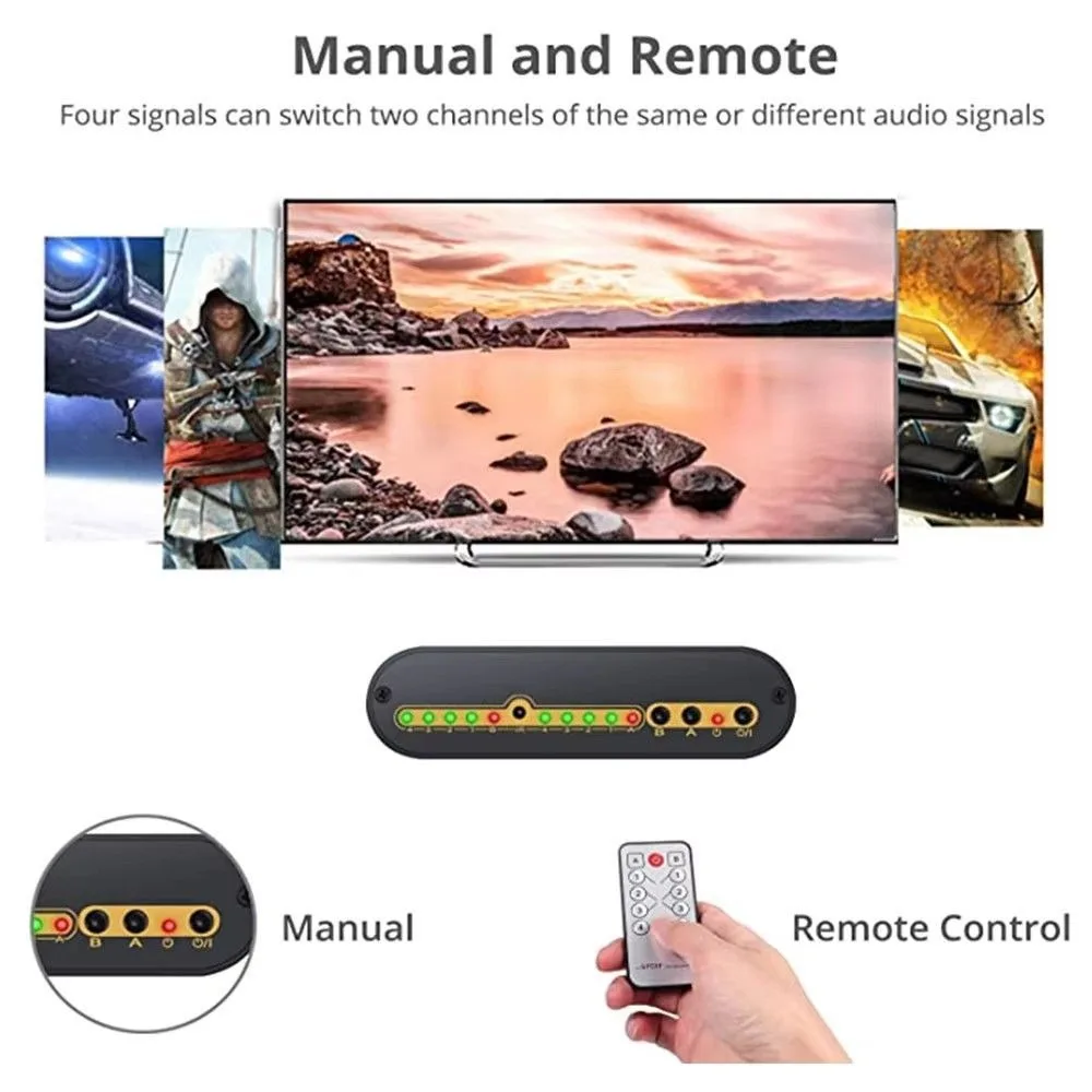 SPDIF مفتاح مصفوفة الصوت 4In 2 خارج محول الفاصل المحوري البصري الرقمي يدعم DTS HD Dolby AC3 DSD مع جهاز التحكم عن بعد