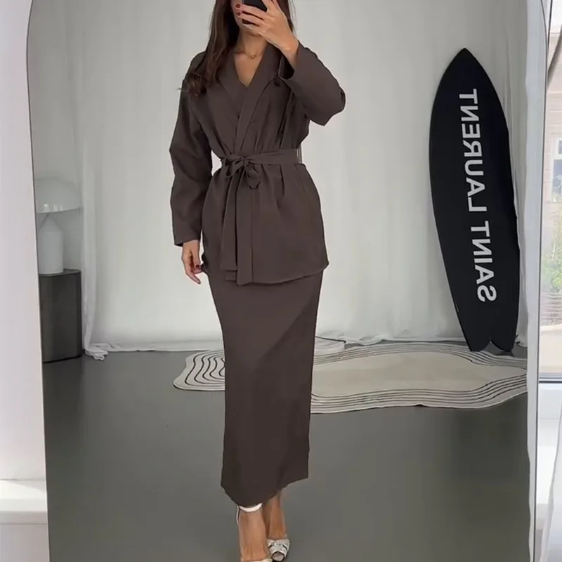 2024 Autumn New High-End Elegant Women Fashion Casual Two-Piece Set Solid Color Commute  Loose Woman Long Sleeves Top Skirt Set