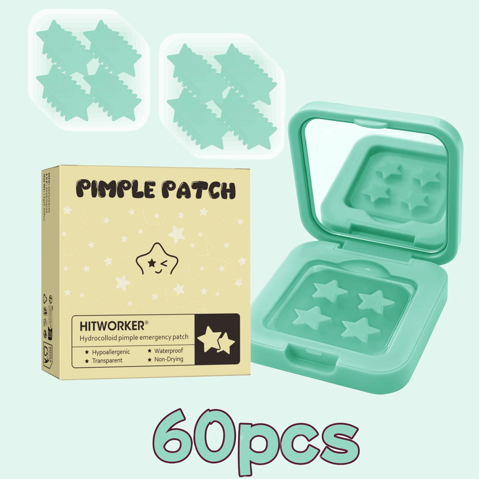 60pcs Star Acne Patches, 4 Colors, Hydrocolloid Cover, Mirror Case Included  Random color blind box