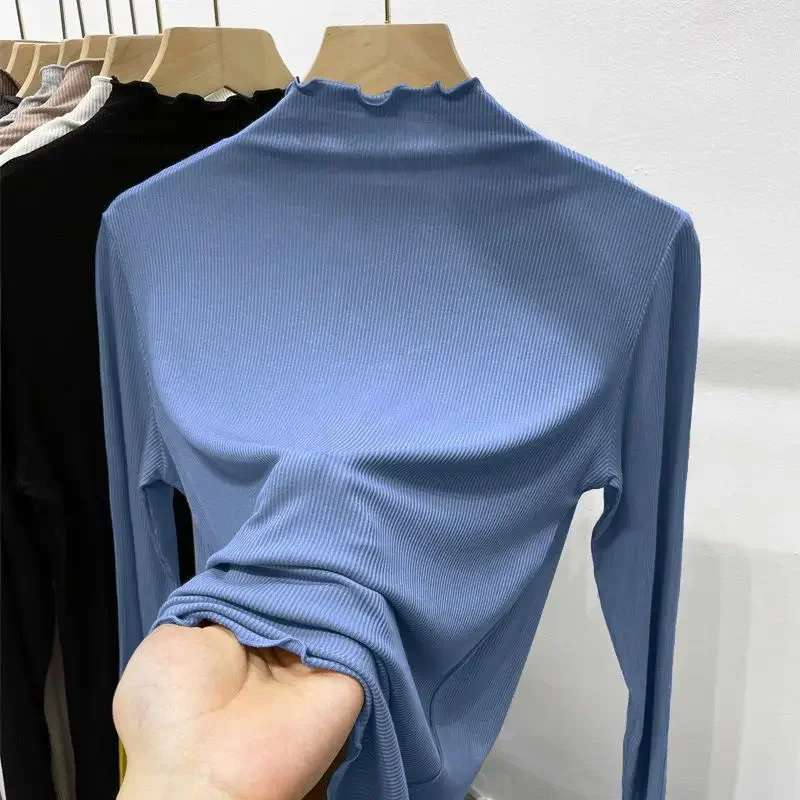 

Women Bottoming Shirts Solid Color Long Sleeves Half Turtleneck Inside and Outside Casual Agaric Tops for Autumn and Winter 2024