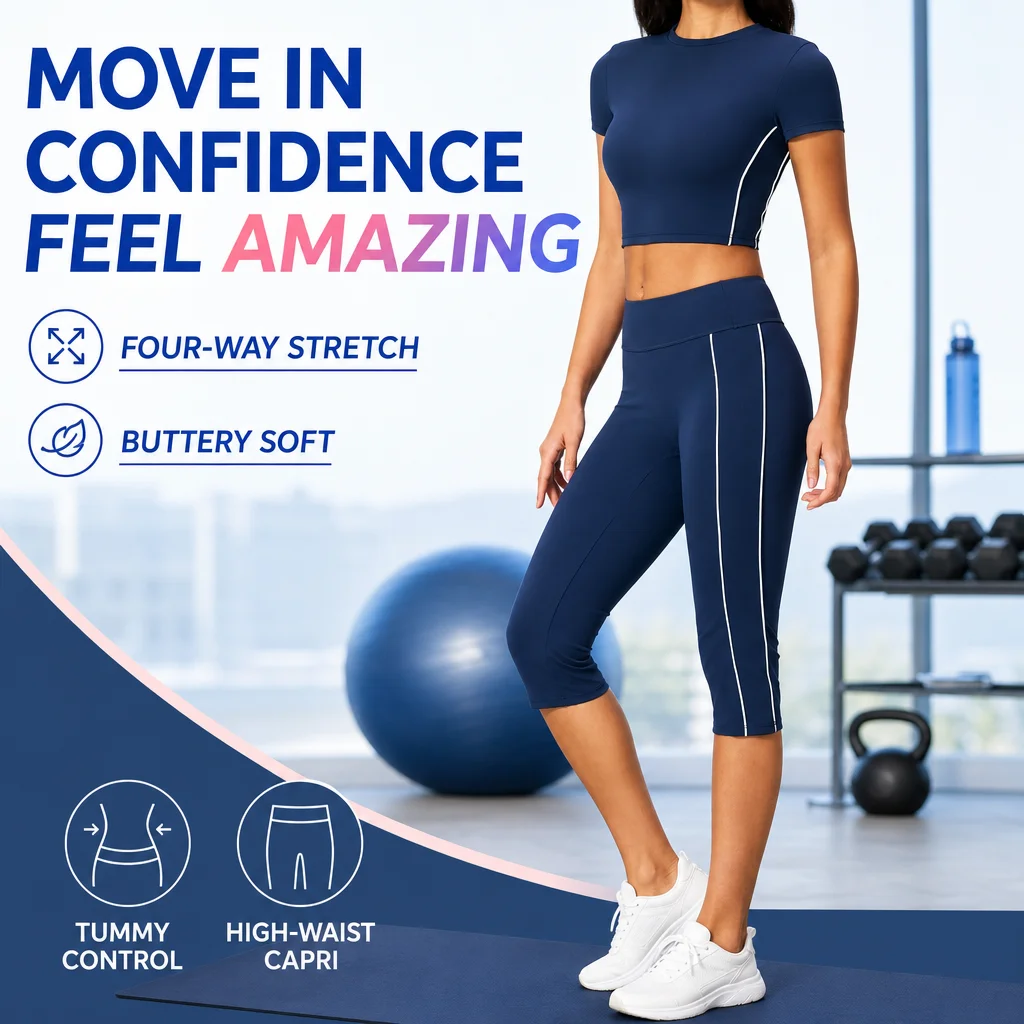 Short Sleeve Crop Top and Capri Leggings Set Women High Waist Contrast Piping Gym Workout Yoga Suit Athletic Outfit