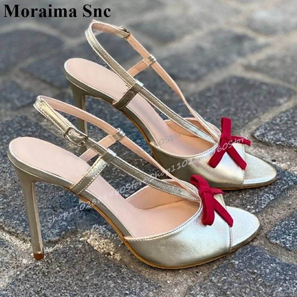 

Luxury Champagne Metallic Bowknot Slingback Sandals Thin High Heel Women Shoes Buckle Strap Peep Toe 2025 Zapatos Para Mujere