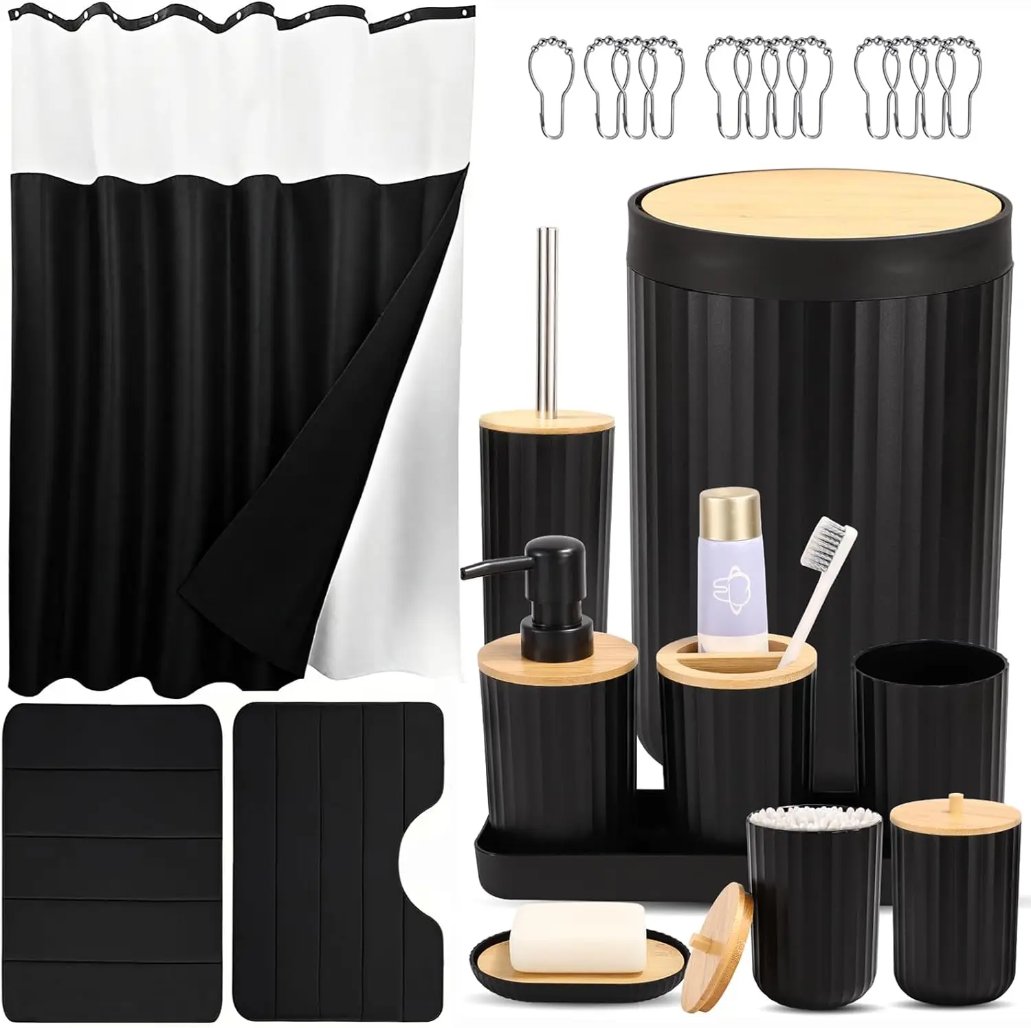 

Набор для ванной комнаты из 24 предметов с занавеской для душа, ковриками, мусорным баком, щеткой для унитаза, дозатором мыла, держателем для зубных щеток