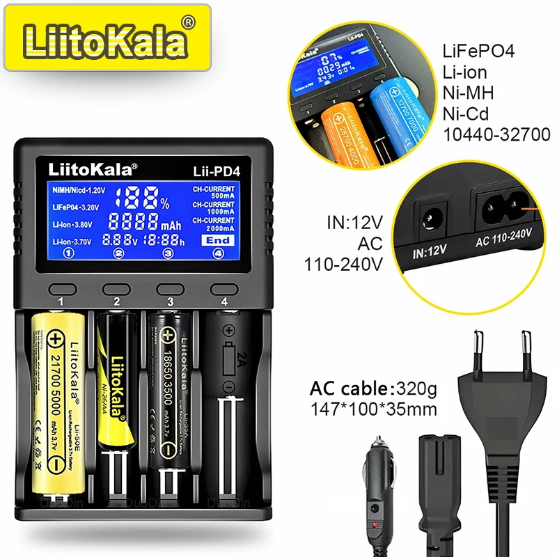 LiitoKala Lii-PD4/PD2 AC PD-oplader LCD Snel opladen 4/2-bay voor 21700/18650/AA/AAA Multi-bescherming Auto-detectie