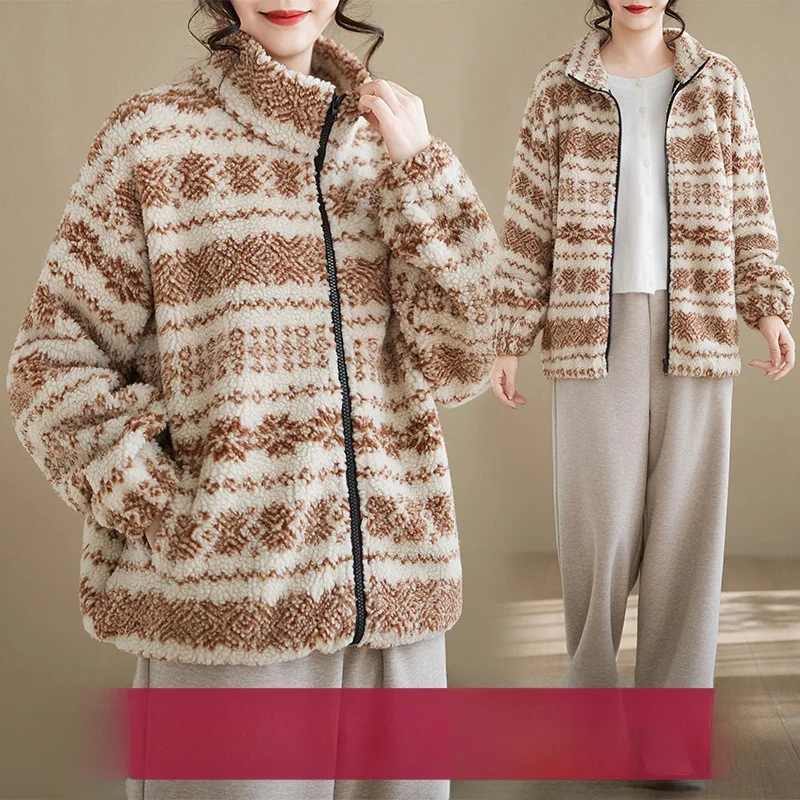 الخريف الشتاء Thiened معطف الصوف السيدات حجم كبير فضفاض طويل Sve سستة حتى مخطط المرأة ملابس خارجية Jaet