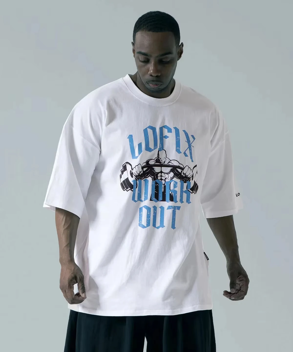 Muscleman Oversized Short Sleeve GYM Graphic Cotton Tee Printing High-end Luxury Unisex Style Both of Men and Women