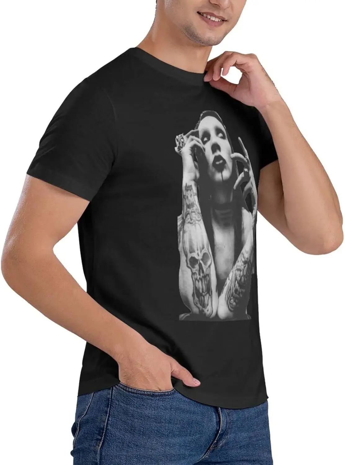 Marilyn Music and Manson Men\'s Comfortable Short Sleeve Shirt Round Neck Cotton Fashion T-Shirt Black