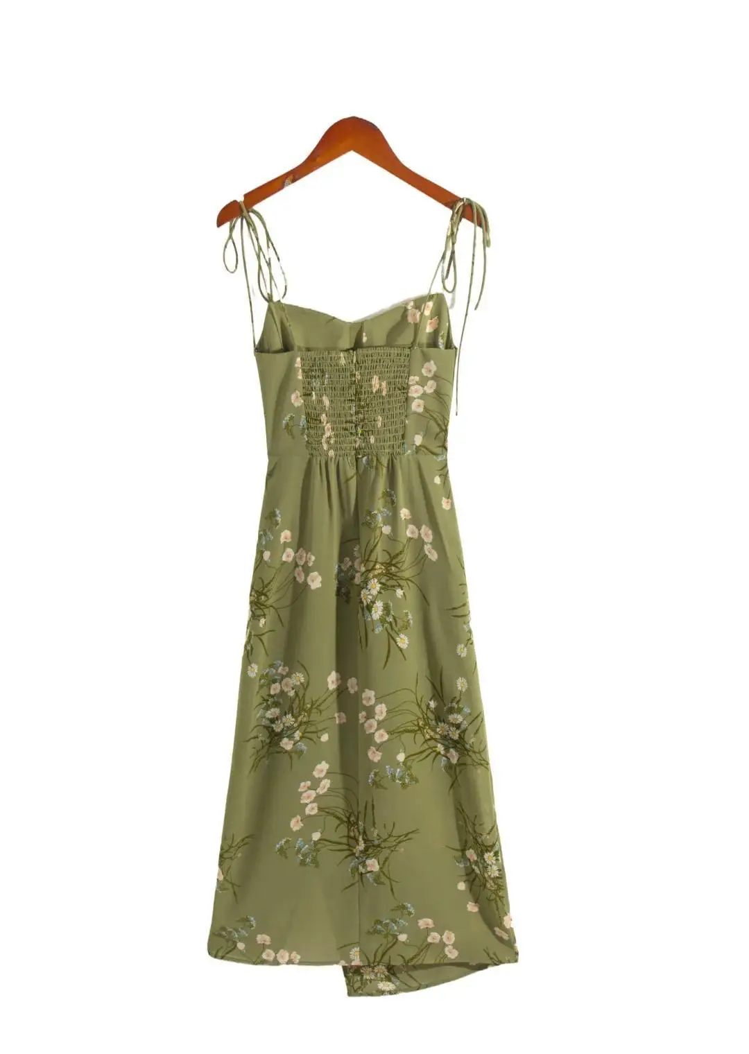 Women Strappy Camisole Army Green Dress Summer Split Backless Midi Chiffon Dresses