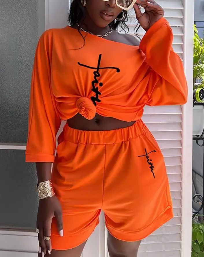 Women Outfits Faith Print Casual Top & Shorts Set Summer Fashion Women's Casual Skew Neck Bright Pocket Design Two Piece Sets