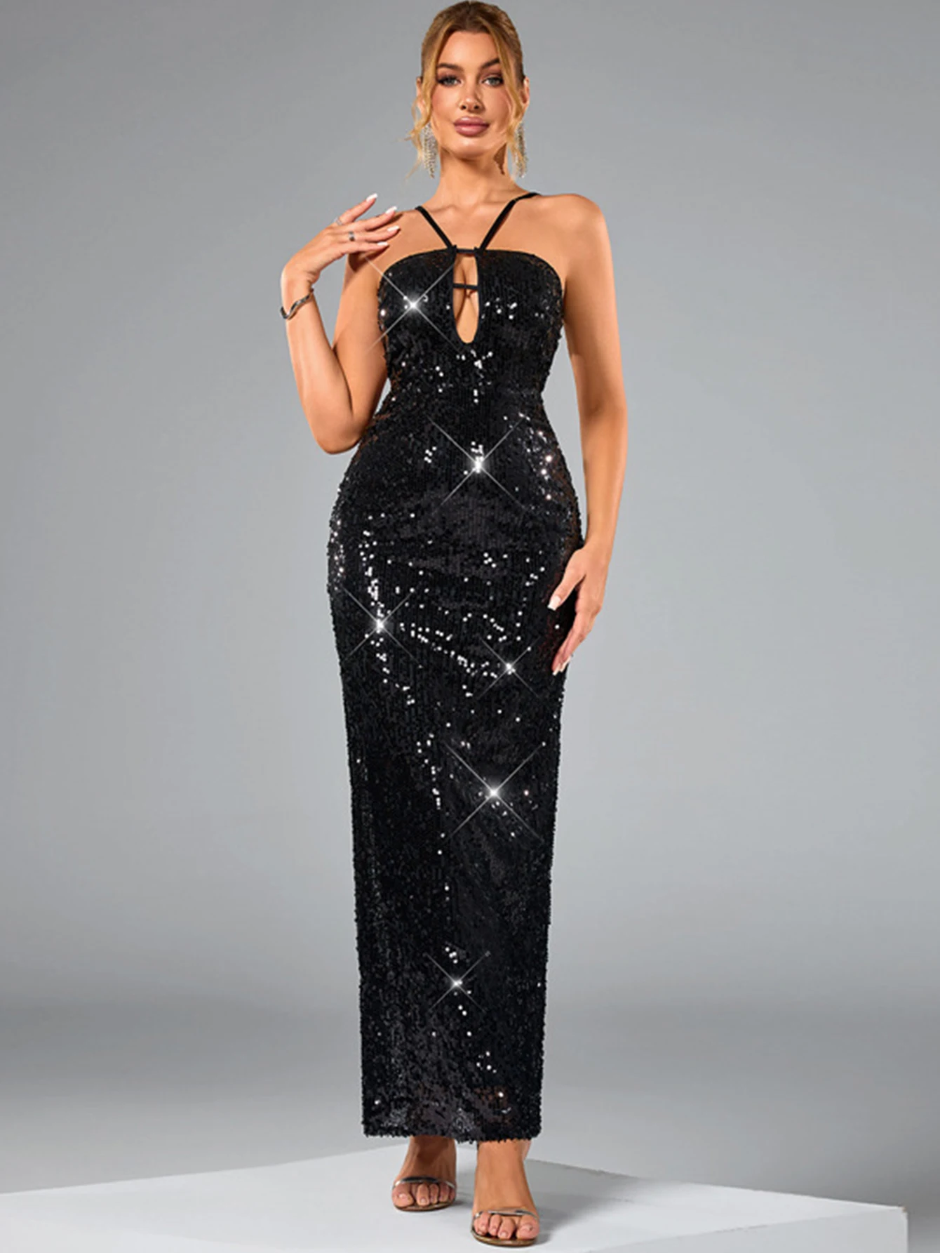 Sexy rückenfreies schwarzes Pailletten-Sommerkleid für Damen, elegante Abendparty, lange Kleider, 2025, Maxi, figurbetontes Geburtstagskleid, Vestidos