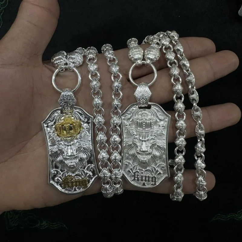 Handmade Carved Silver Plated Lion King Tag Necklace, Knight Relief Pendant, Gold & Silver Two-tone Vintage European Jewelry
