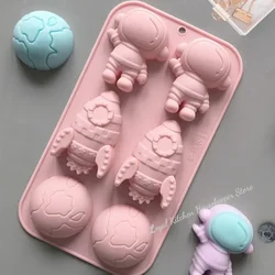 6 Holes Cartoon Astronaut Rocket Chocolate Moulds Spacecraft Earth Drink Ice Tray Party Human Mousse Cake Biscuit Silicone Molds
