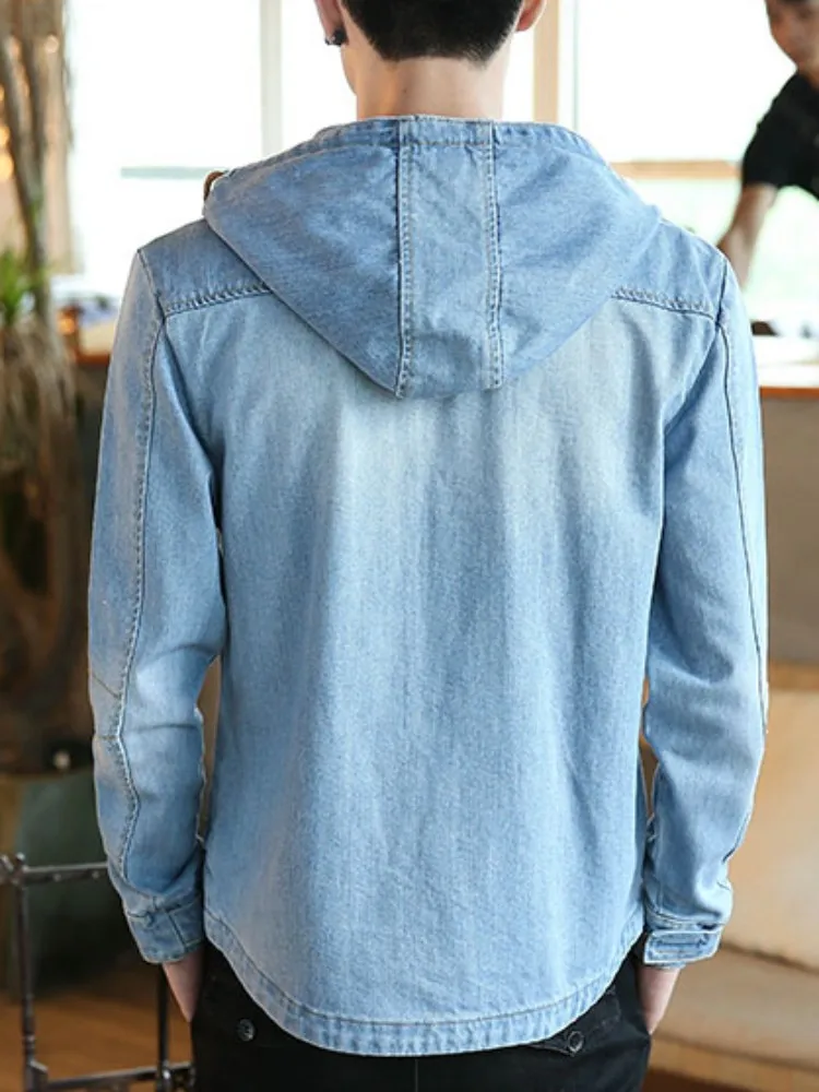 Spring Autumn Japanese Retro Mens Hooded Denim Jacket New Slim Fit Zipper Casual Outerwear Male Long Sleeve Streetwear Coats