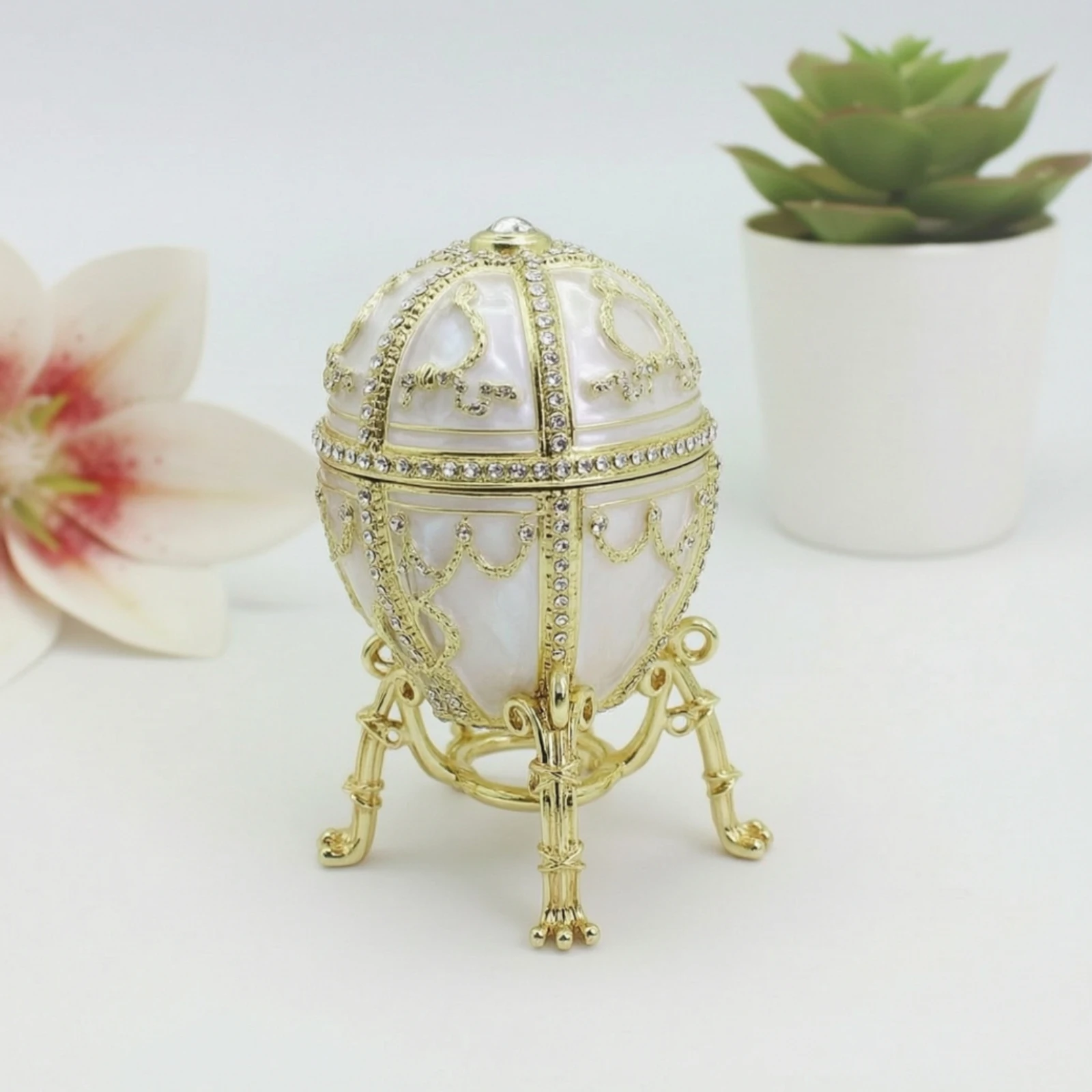 Egg Trinket Box Rhinestone Egg-Shaped Trinket Box Hinged Jewelry Case Decorative Metal for Collectors, Vanity, Dresser