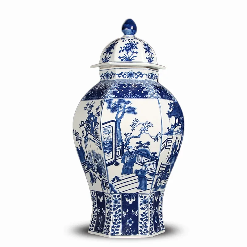 Chinese Style Flower Vase Blue and White Ceramic General\'s Jar Six Sided Pattern Tabletop Vase TV Cabinet Porcelain Ornaments