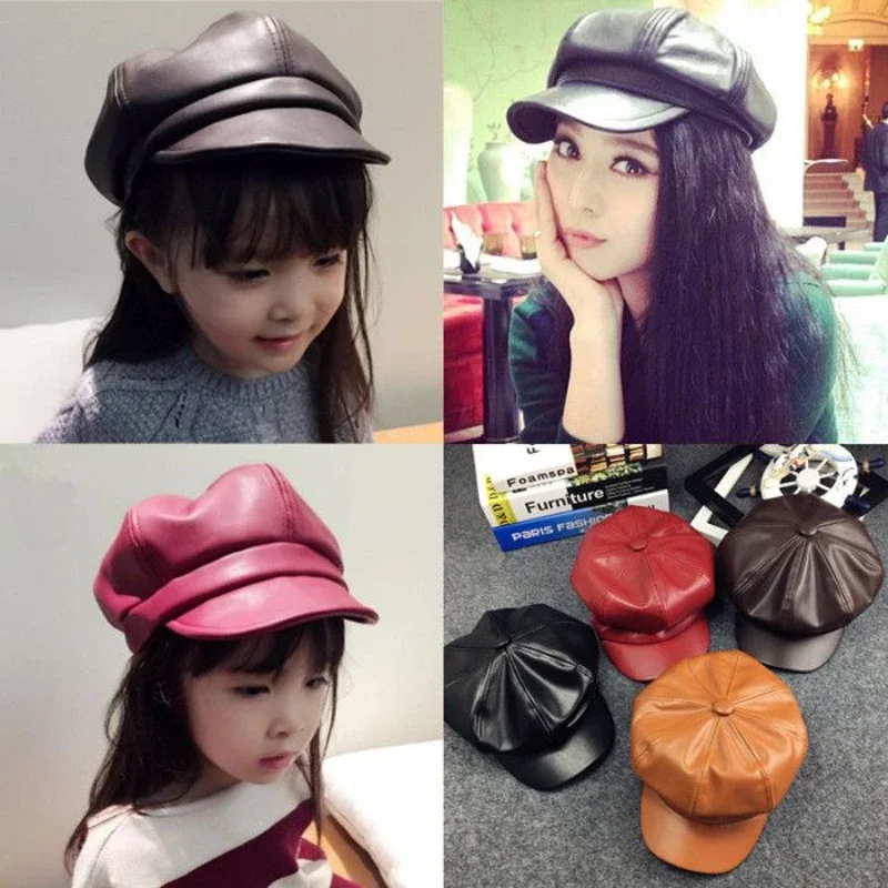 Kids Boys Girls PU Leather Hat 2024 New Arrival Children Princess Retro Beret Cap British Style Plaid Striped Cap Steetwear Hat