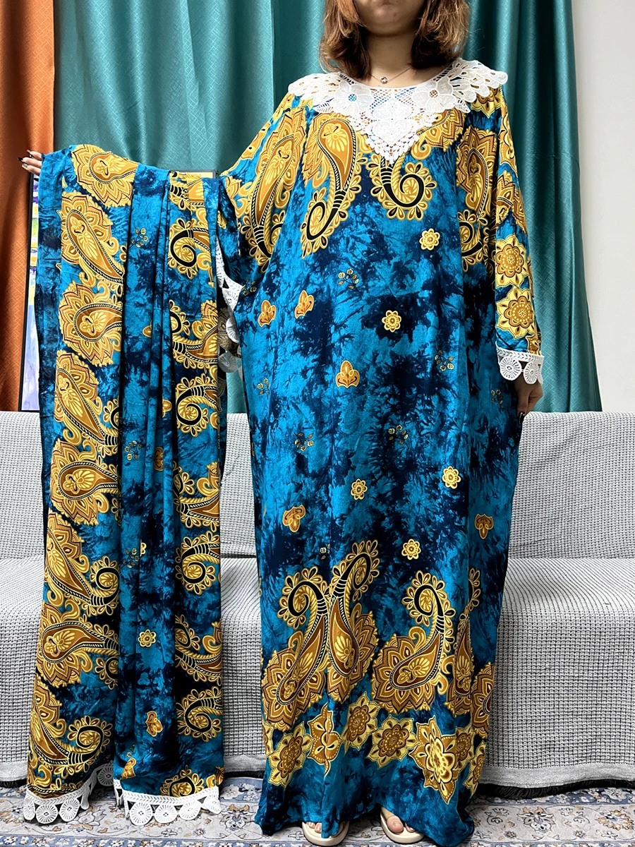 Abayas musulmanas de Dubái para mujer, maxivestido suelto bordado, vestido Floral africano con cuello redondo y bufanda grande, 2023