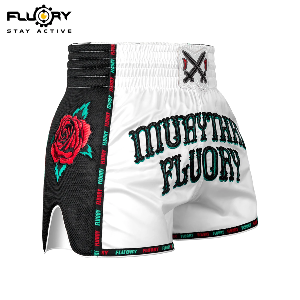 FLUORY Heavy Industries' Microfiber Embroidered Muay Thai Shorts, Rose Men's and Women's Gym Muay Thai Shorts, Boxing Pants