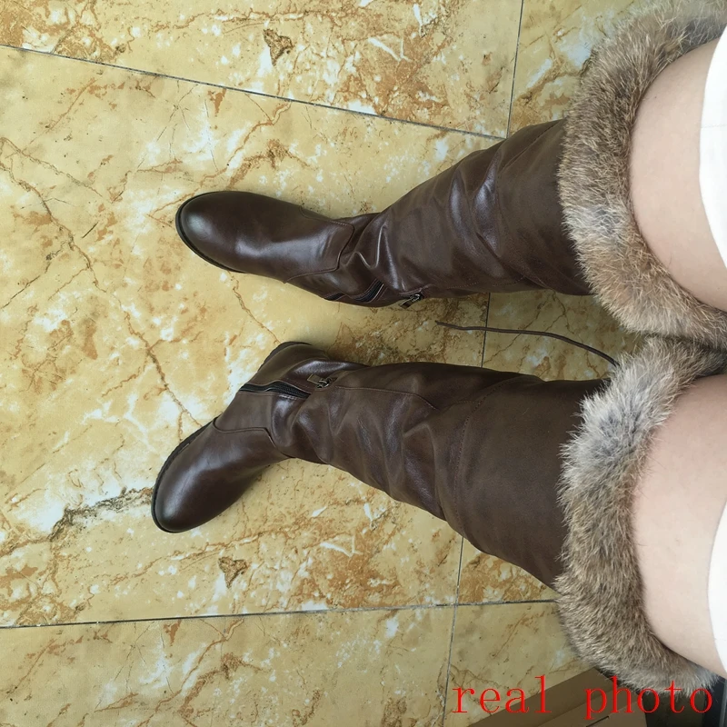 REAVE CAT Snow Boots fur Women Leather Boots Med Block Heels Over The Knee Boots Lady Shoes Bota Feminina Size 44 46