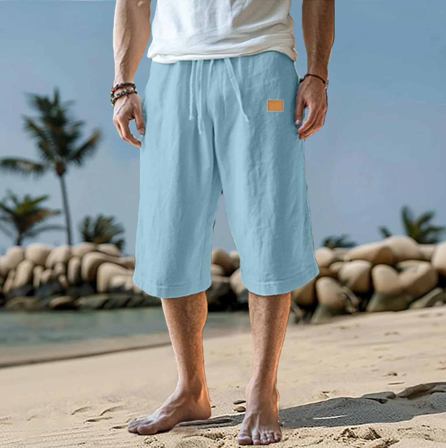 Leather Men's Cropped Pants Shorts Summer Shorts Beach Pumping Straight Pants Solid Color Comfortable Outdoor