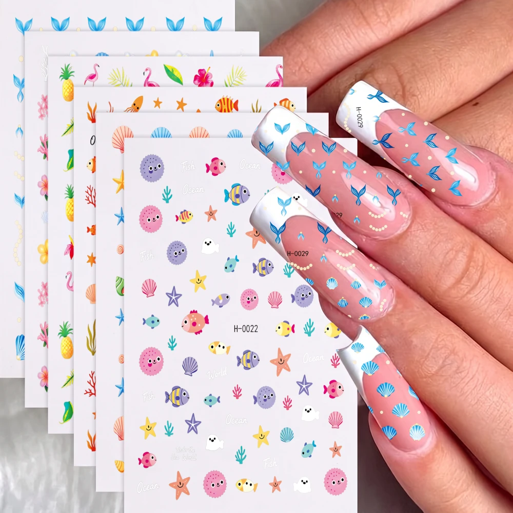 6Pcs Cartoon Summer Ocean Nail Stickers Fish Starfish Shell Flamingo Self Adhesive Nails Decal for Beach Vacation Manicure Decor