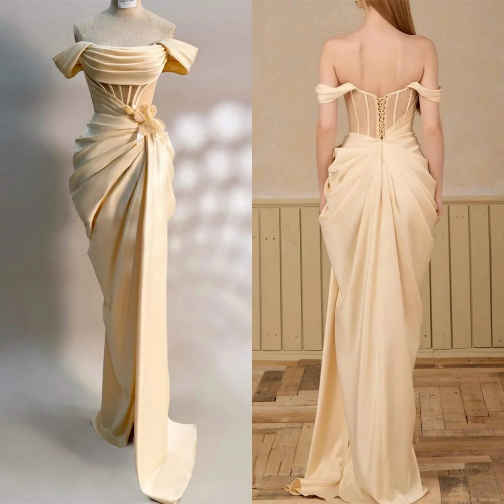 

Customized Temperament Champagne Satin Evening Dress High Quality Strapless Off the Shoulder Mermaid Lace Up Back Prom