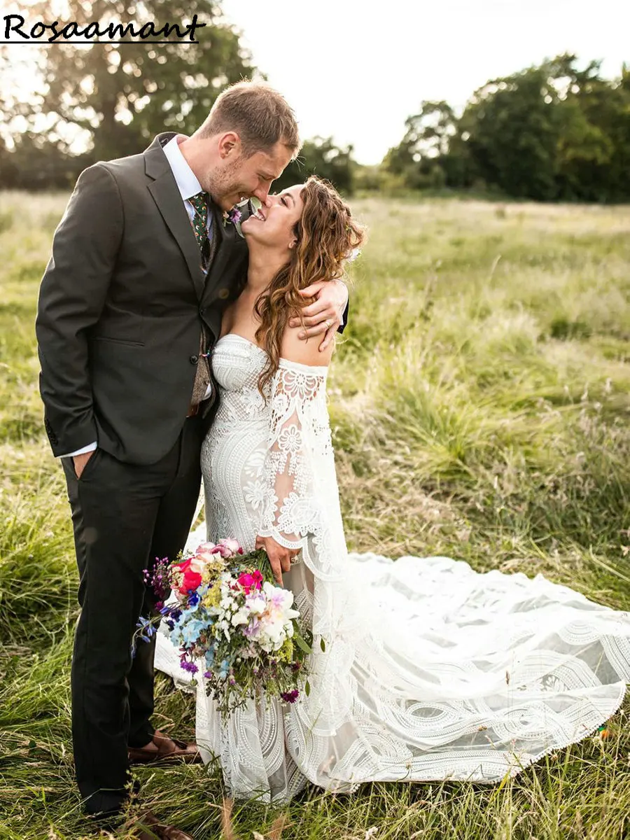 Gaun pengantin Bohemian, lengan dapat dilepas ukuran besar gaun pernikahan putri duyung Pasangan kekasih renda gaun pengantin Boho