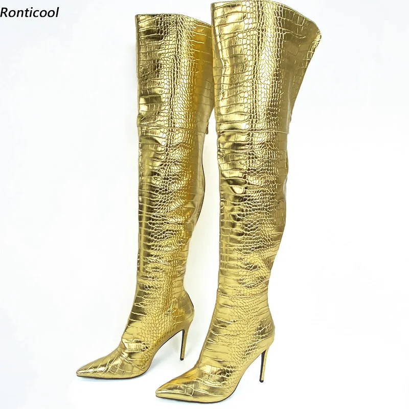 Ronticool Women Winter Crotch Boots Crocodile Back Zipper Stiletto Heel Pointed Toe Gold Silver Black Club Shoes Us Size 5-15