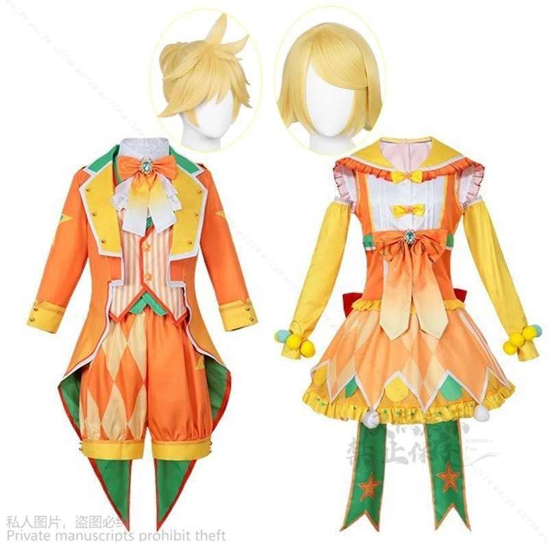 Anime Game Project Sekai  Customized Cosplay Singer Ren Len Dress Uniform Halloween Cute Set Clothes Yellow Wigs