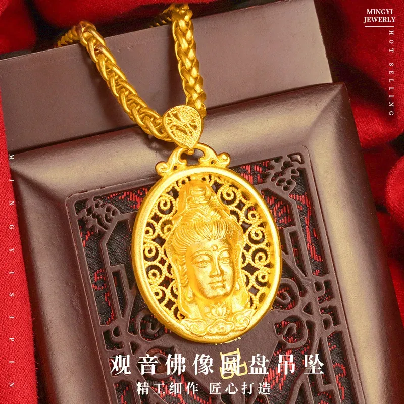 Luxury 24K AU999 Pure Gold Guanyin Bodhisattva Buddha Pendant Necklace Vintage