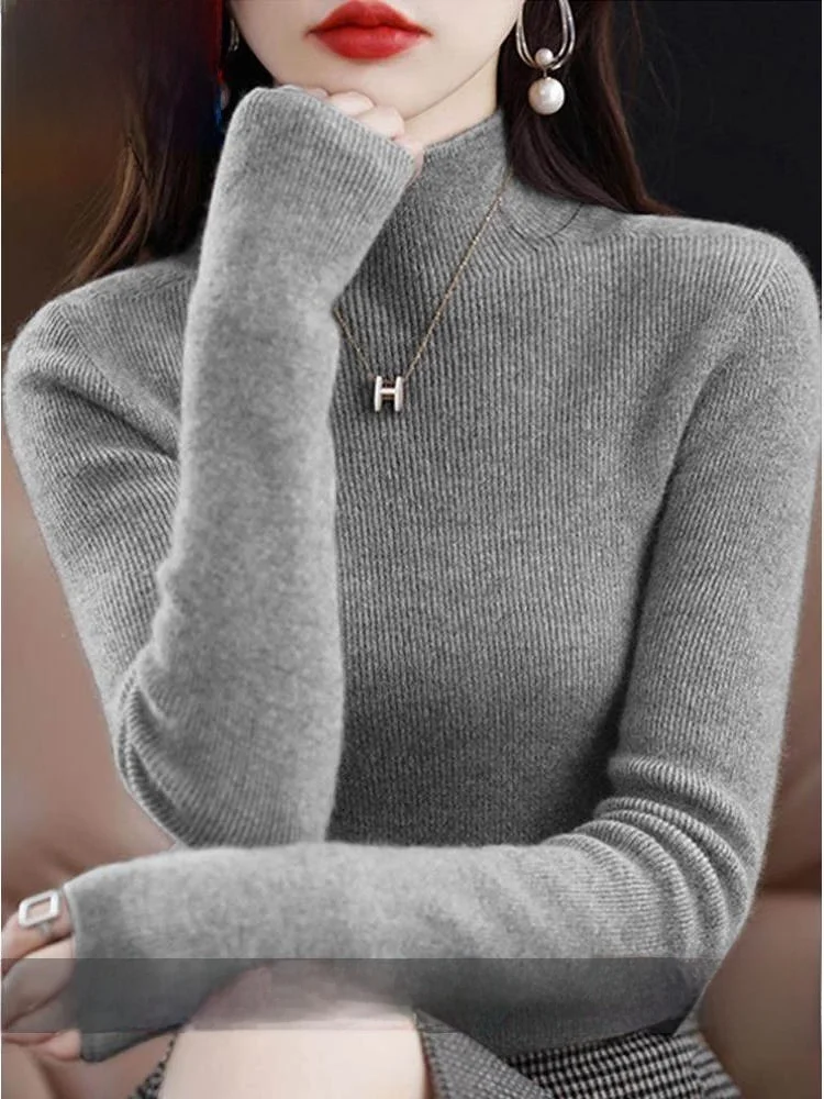 Thiened suéter de malha de lã feminino fino ajuste f gola alta outono inverno quente cor pura camere mistura base irt