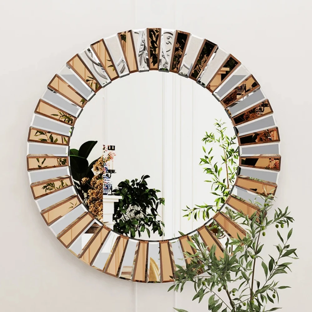 Round Sunburst Decorative Wall Mirror Household Beveled Edge Glass Bathroom Vanity Mirror Hanging Accent Mirrors for Living Room