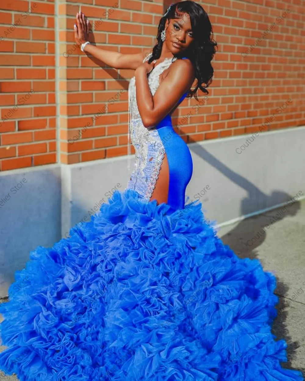 Abito da ballo a sirena con perline di cristallo increspate in tulle blu royal, per San Valentino, abito da compleanno, abito da cocktail per ragazza nera personalizzato