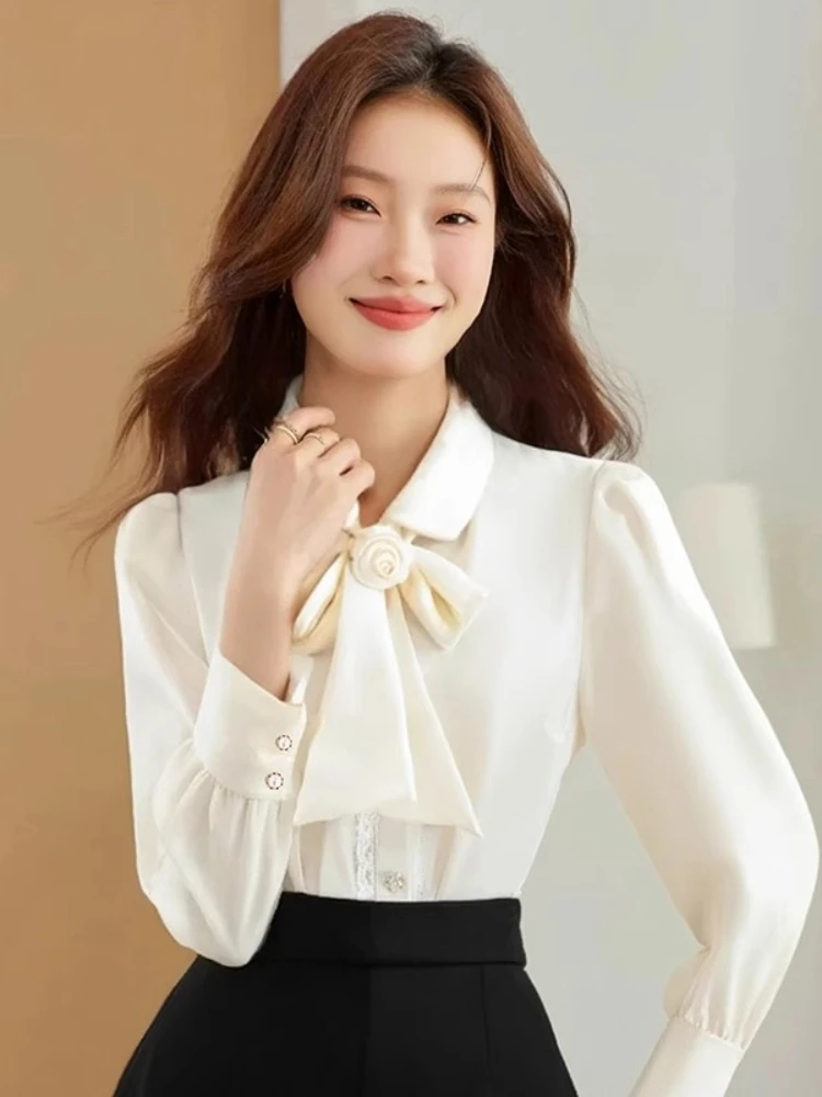 

Французская атласная рубашка женская новая 3D цветочная бант кукольный воротник кружевная строчка блузка с длинным рукавом элегантные однотонные женские топы